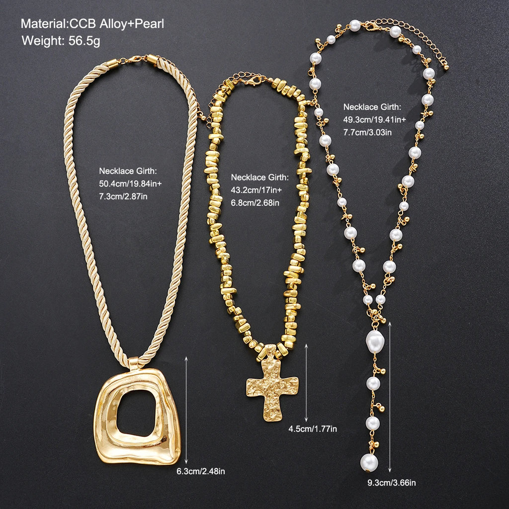 3pcs Exaggerated Irregular Cross Pendant Necklace Set For Women European and American Vintage Pearl Beads Necklace Party Jewelry