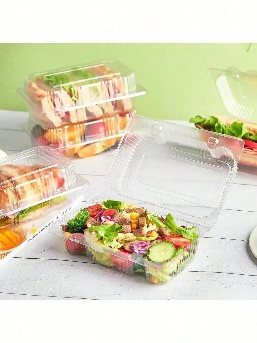 50 Clear Clamshell Food Containers & 200 Disposable PE Gloves Set, Disposable Takeout Boxes With Lids, Plastic Dessert Holders + Food Handling Gloves For Baking, Meal Prep, Parties, Picnics, Bakery, Restaurant, Home Kitchen