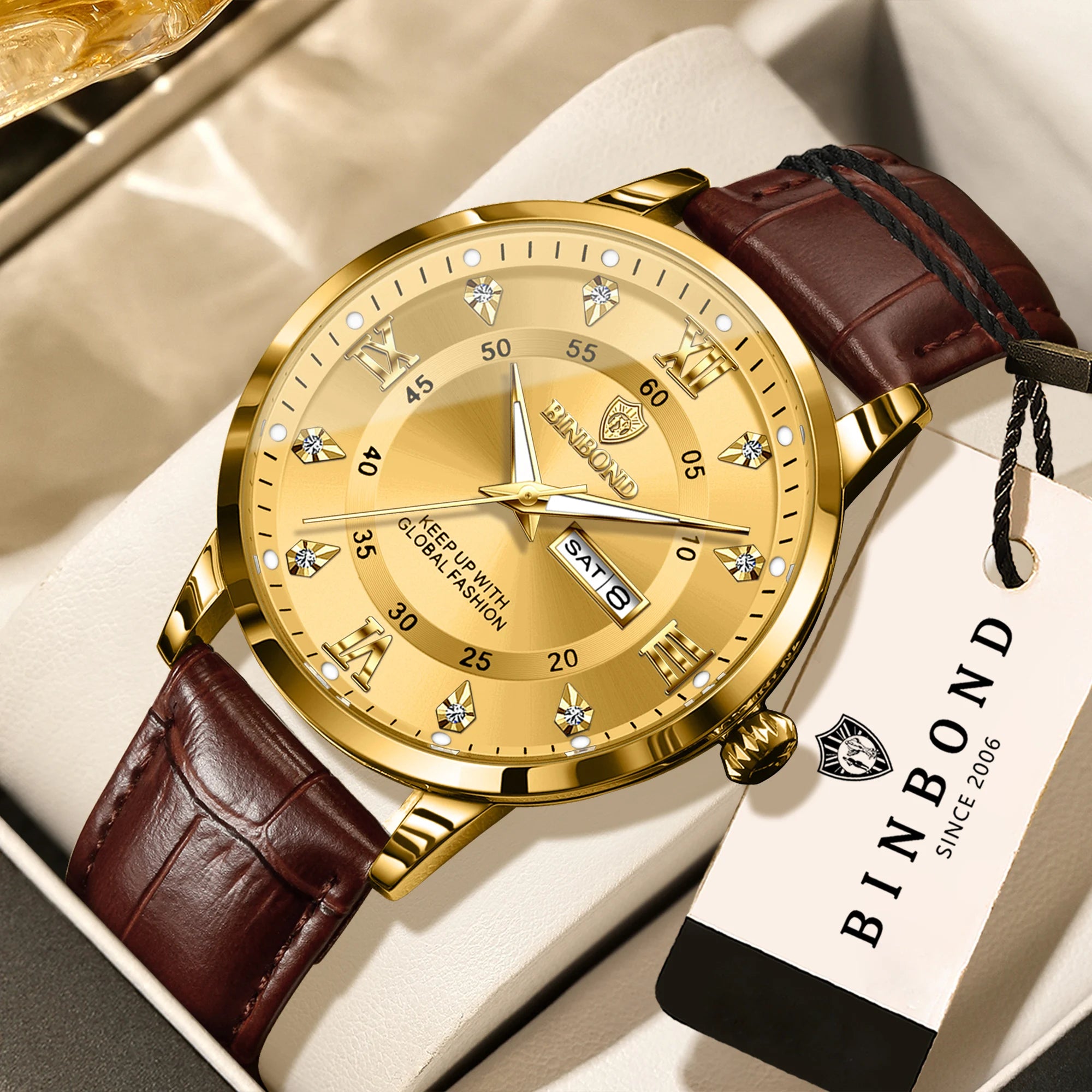 BINBOND quartz watches for men luxury sturdy luminous waterproof auto date week display accurate men's watch business reloj