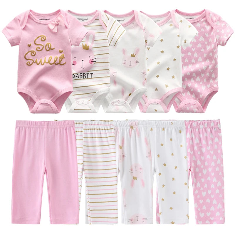 6/9/10PCS Baby Girl Clothes Newborn Solid Bodysuits+Pants Cotton Baby Boy Clothes Short Sleeve Girls Baby Clothing Cartoon