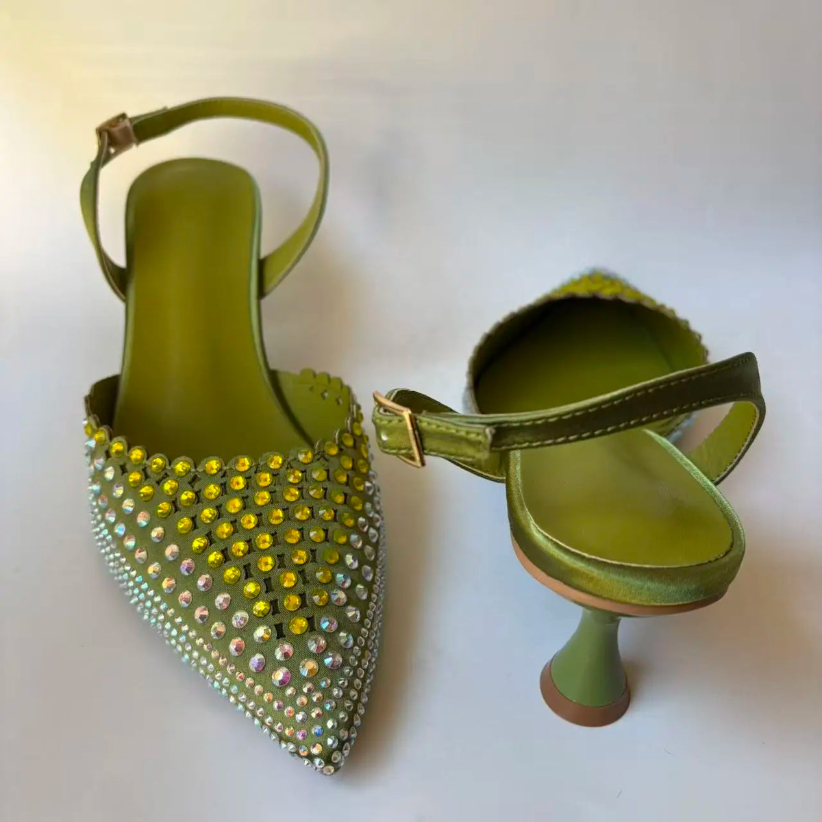 INSIGHTLINK Luxury Olive Green Rhinestones Women's Shoe and Bag Set for Party Wedding Crystals Heeled Pumps and Handbag Sandals