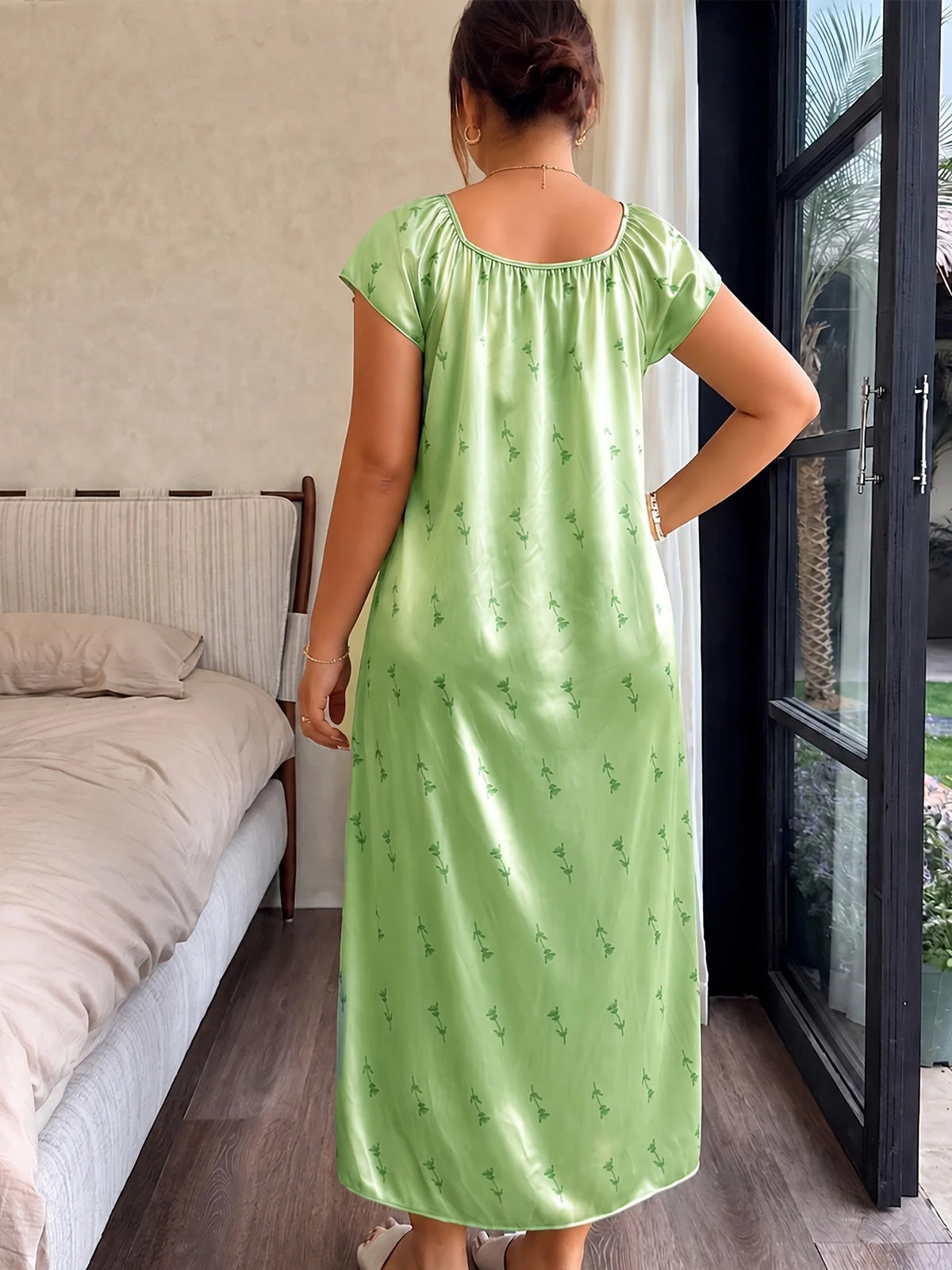 Plus Size Ice Silk Sleepwear Women Green Leaf Print Square Neck Short Sleeve Tie Front Ruched Midi Night Dress