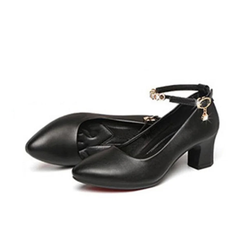 Women Classic Black Soft Patent Leather High Quality Square Heel Shoes Lady Casual Office Comfort Spring Summer Buckle Heels A04
