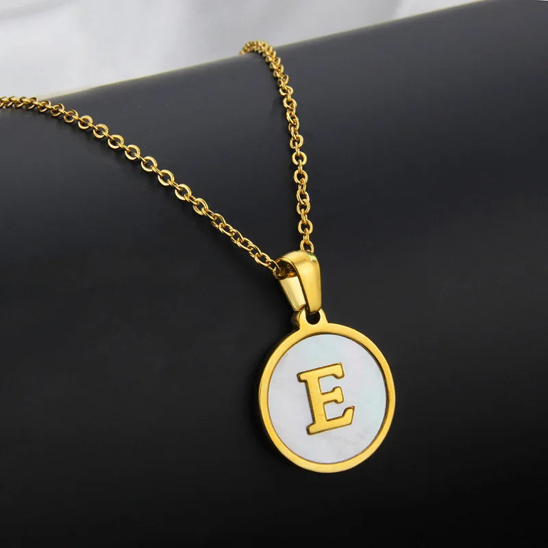 Initial Letter Necklaces for Women Trendy Stainless Steel Circle Couple Pendant Inlaid Shell Jewelry