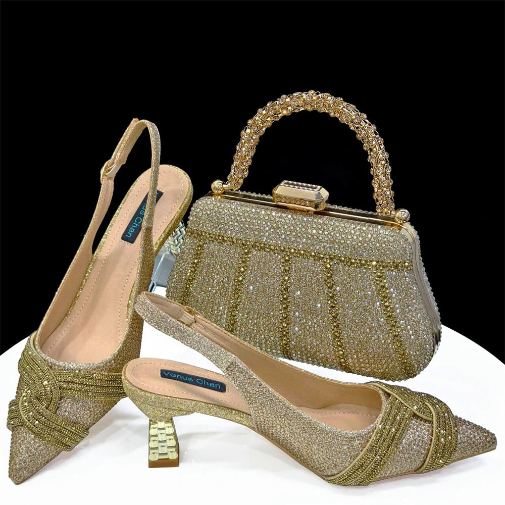 Venus Chan Black Hollow Design With Pointed Shoes And Fashion Three-Dimensional Bag Cozy Rhinestones Are Suitable For Parties