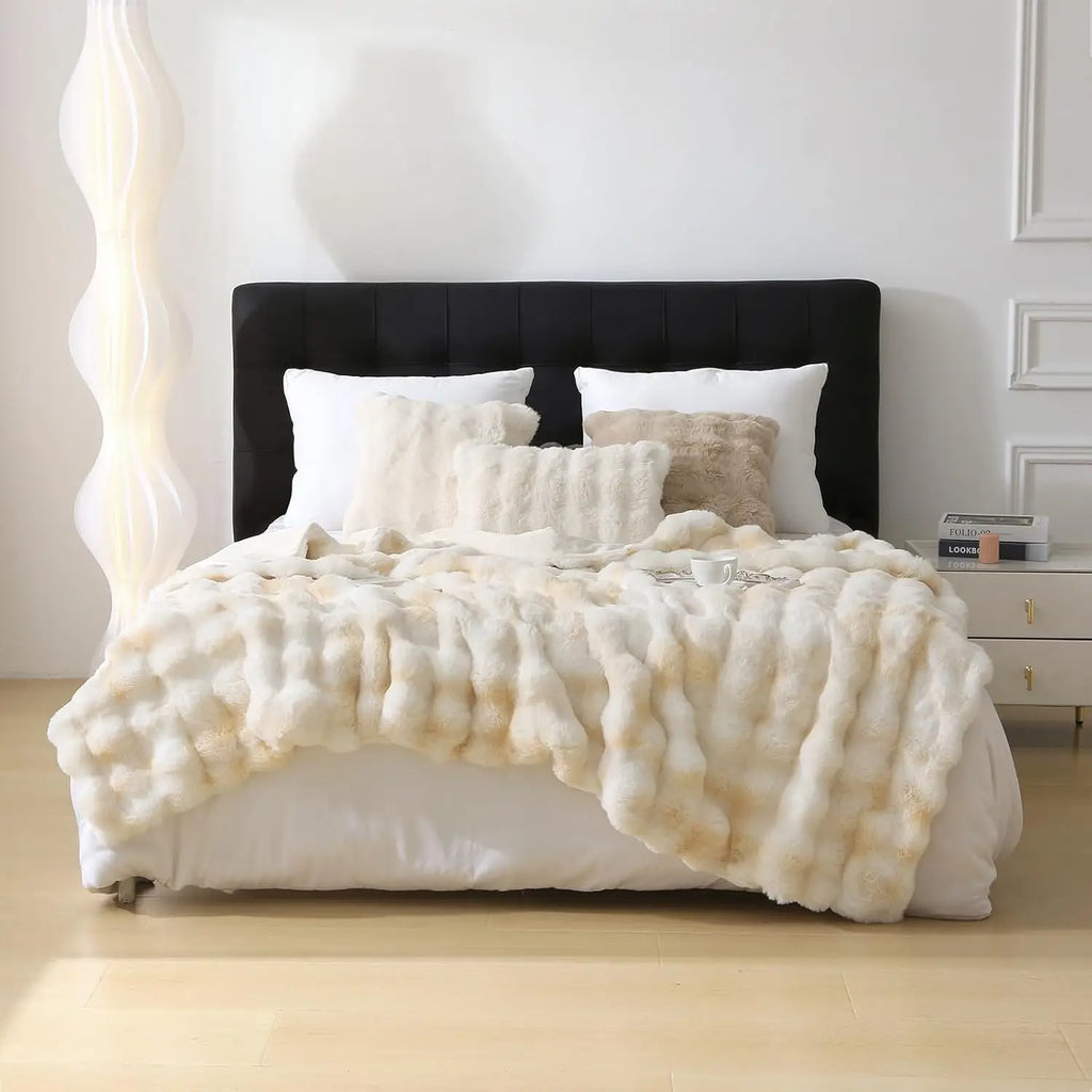 1 PC Faux Rabbit Fur ,Luxury Soft, Warm Bubble Blanket, | Cozy Throw for Bedroom, Guest Room, Living Room,4lb