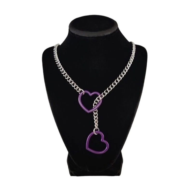 Heart O-ring Slip Chain For Women Punk Rock Necklace Stainless Steel Cuban Long Necklace Trendy Simple Adjustable Y-Necklace