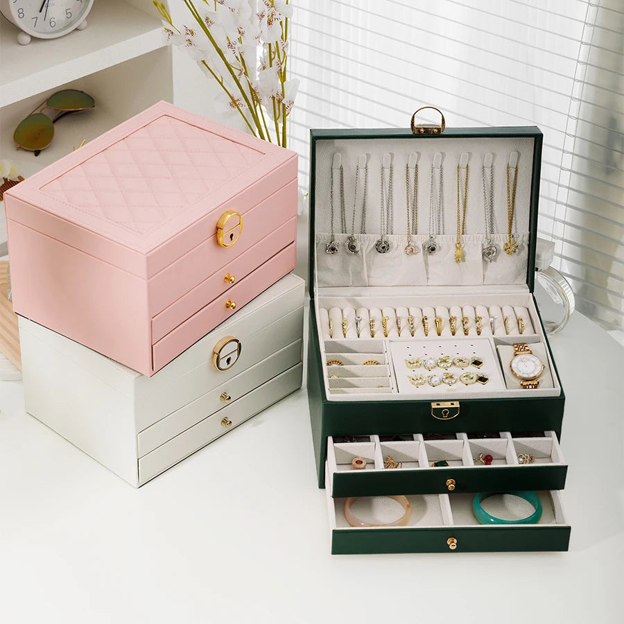 1PC, Rhomboid Round Lock Three-Layer Leather Jewelry Storage Box with Lock