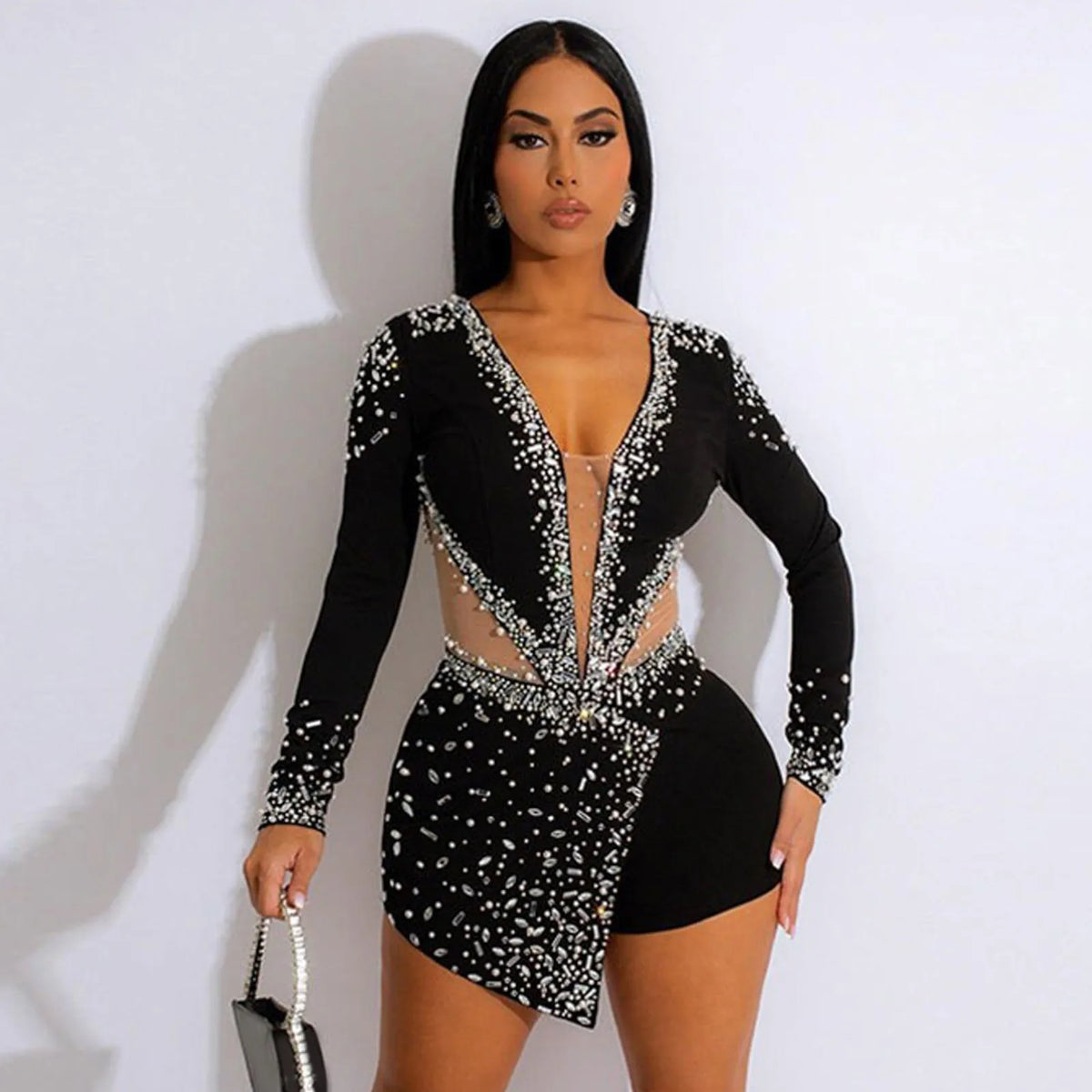 Women Glitter Rhinestone Sequins Formal Romper Clubwear Party Long Sleeve Deep V-Neck Mesh Sexy Playsuit One-Piece Jumpsuit