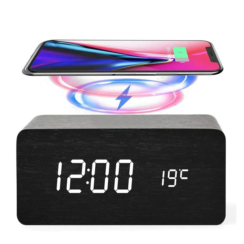 Wooden Digital LED Alarm Clock with Wireless Charging Time Date Temperature Display Desk Bedside Clock for Office