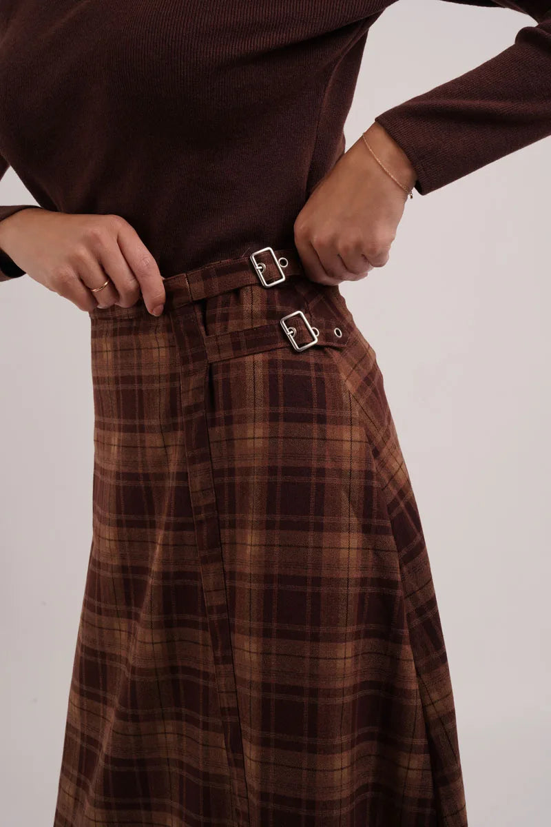 AS AW26 fashion Embroidered knit mockneck top + Plaid buckle skirt match woman clothes