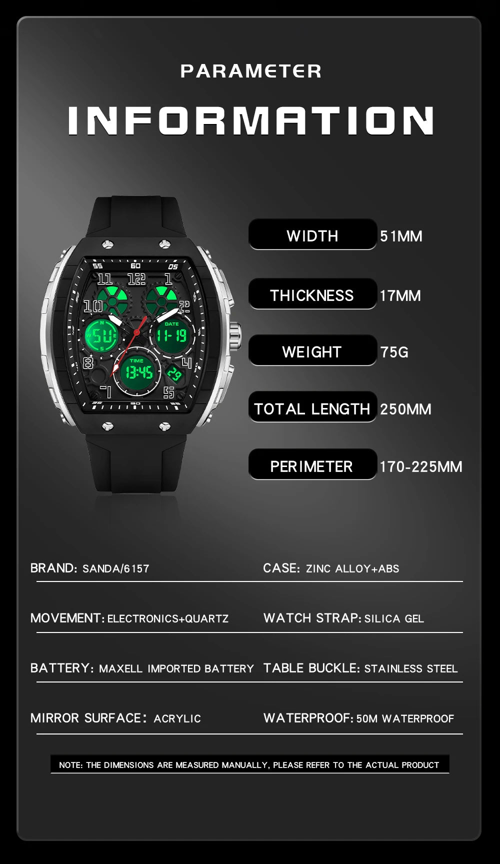 SANDA 6157 Luxury Men's Electronic Watch Sport Type Multi Functional Waterproof LED Fashion Trend Student Electronic Watch