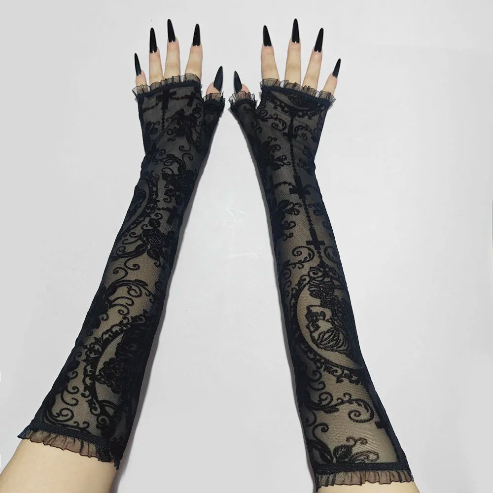 Halloween Women Black Sexy Skeleton Cross Flowers Lace Long Gloves Elasticity Transparent Mesh Lolita Punk Cosplay Short Gloves