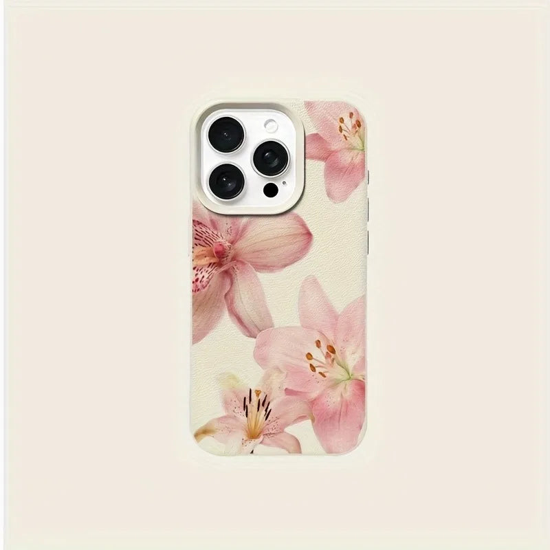 Pink Lily Flower Print Phone Case For iPhone 17 16 15 14 13 12 11 Pro Max Elegant Floral Leather Soft Protective Back Cover