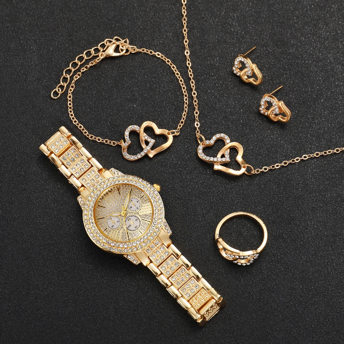 6PCS Luxury Rhinestone Women Watch Jewelry Set Ladies Fashion Alloy Strap Quartz Wristwatch Reloj Mujer Girls Clock(Without Box)