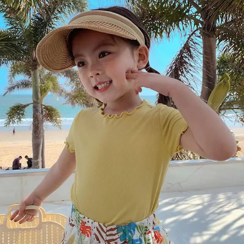 Girls Casual Ice Silk Short Sleeved T-shirt Summer Children Ear Edge Top 2-10 Years Old Girl Versatile Half Sleeved Clothes