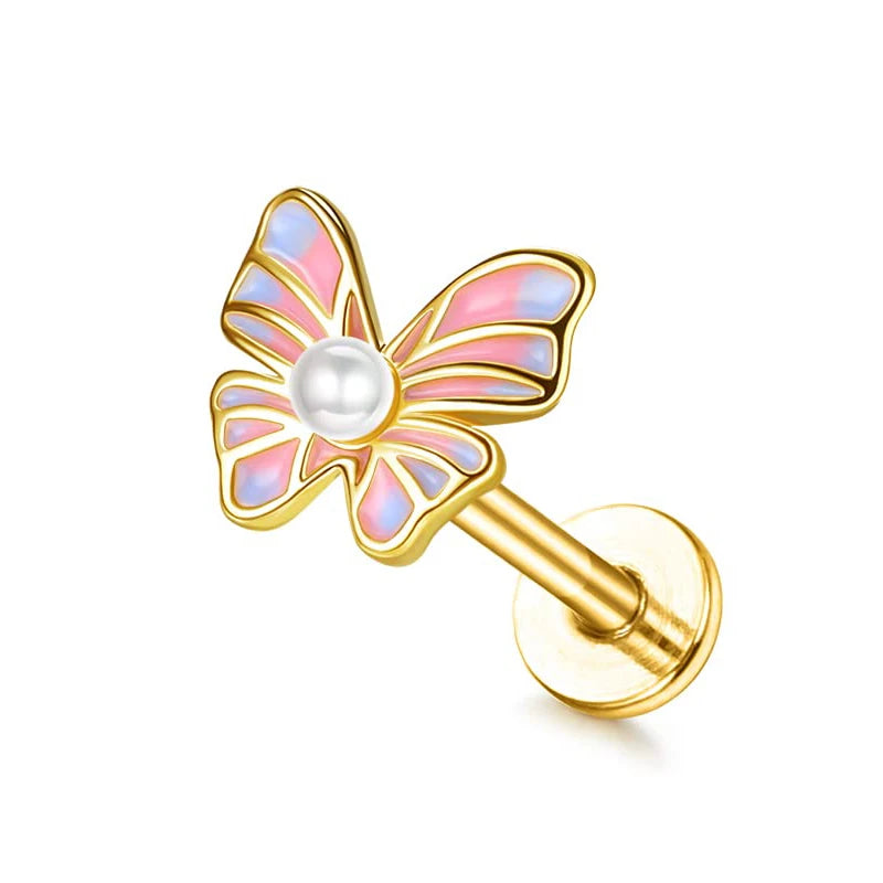 Drperfect 16G Cartilage Earrings Stud for Women Stainless Steel Flat Back Butterfly Moon Flower Helix Tragus Piercing Jewelry