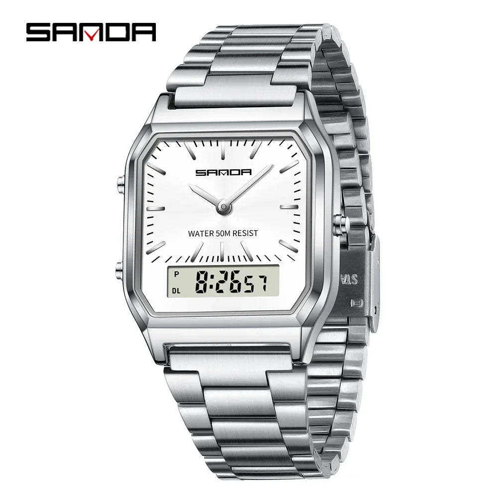 SANDA 747 Men's Quartz Digital Watch Waterproof Casual Fashion Watch Wear-resistant Stainless Steel Couple Strap Square Watch