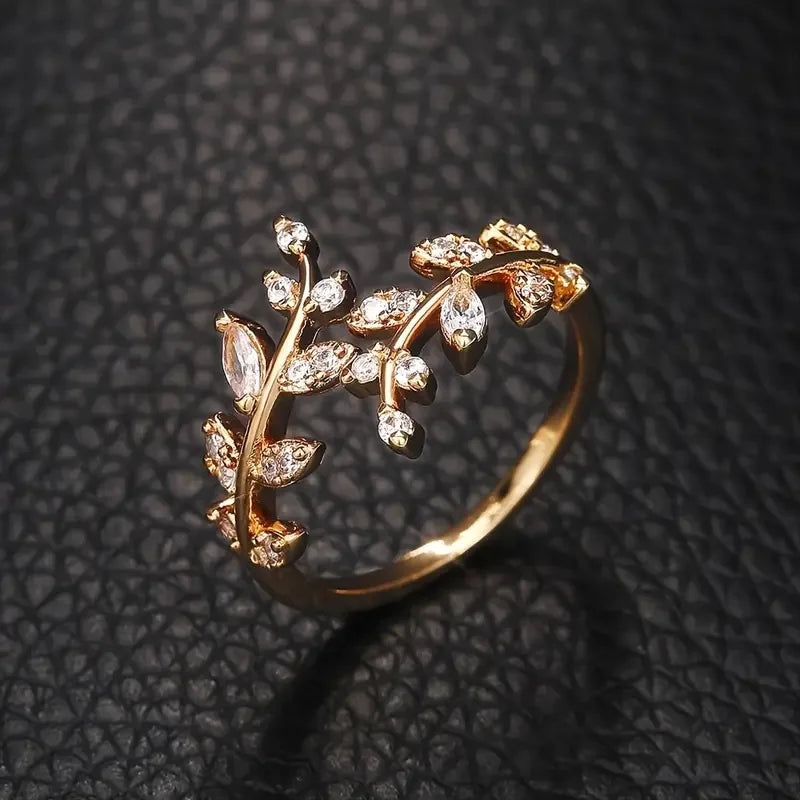 Korean Leaf Design Opening Rings For Women Sparkling Cubic Zirconia CZ Adjustable Ring Party Daily Wear Fashion Jewelry Gift