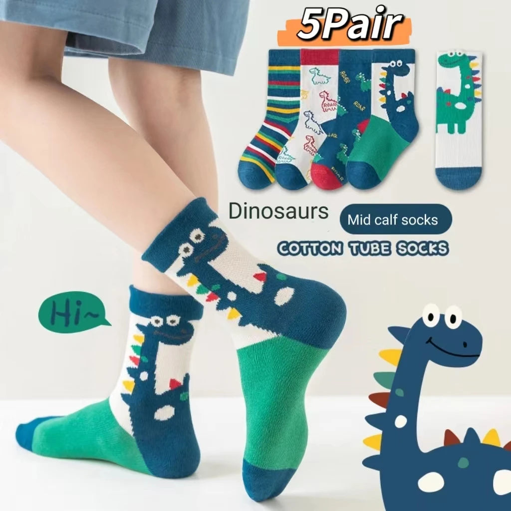 Children's Socks 5 Pairs Of Autumn And Winter New Mid-Calf Dinosaur Spring And Autumn Boys And Girls Baby Middle And Large Child
