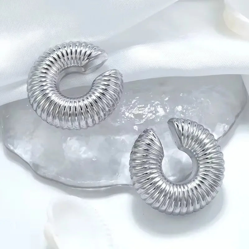 Punk Vintage Chunky Geometric Round Ear Cuff Stainless Steel Metal Texture Thick C Shape Non Piercing Ear Clip