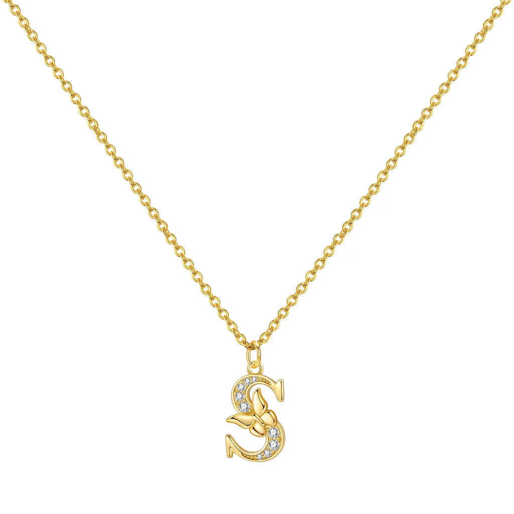 Original 925 Sterling Silver 18K Gold Zircon Butterfly A-Z 26 Letter Y-shaped Chain Necklace For Women Commemorate Jewelry Gift