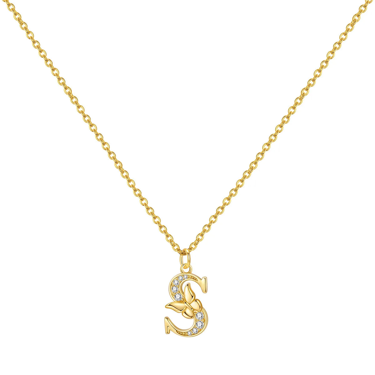 Original 925 Sterling Silver 18K Gold Zircon Butterfly A-Z 26 Letter Y-shaped Chain Necklace For Women Commemorate Jewelry Gift