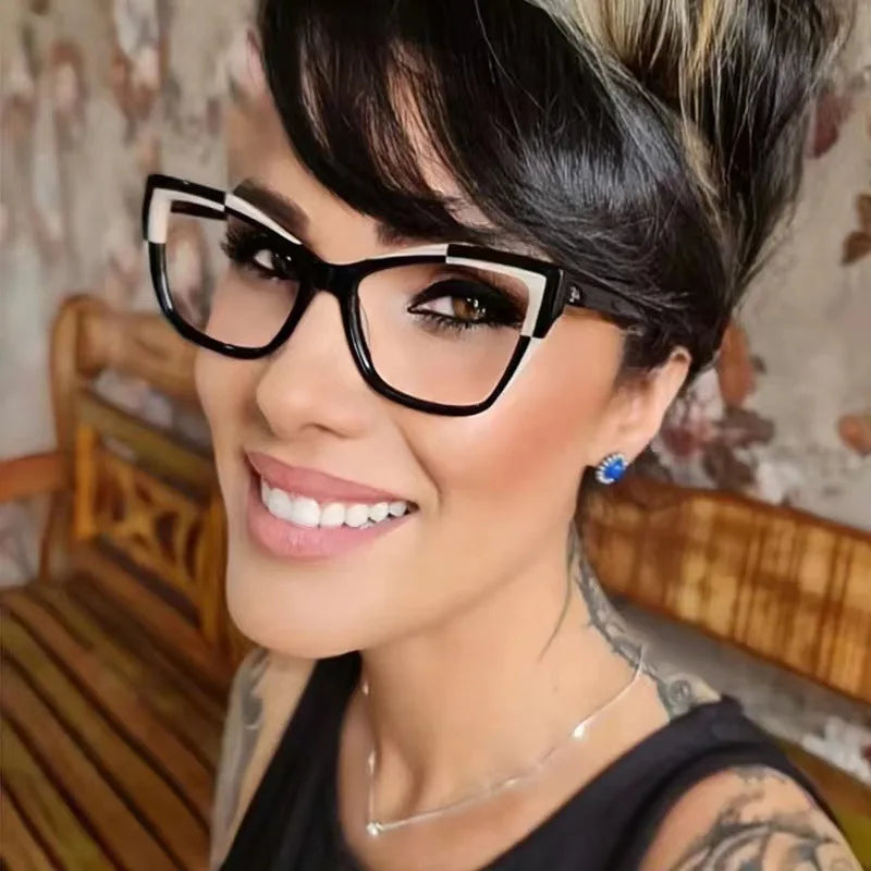 Vintage Contrast Cat Eye Glasses, Trendy Viral Style, Versatile For Commute, Blue Light Blocking Non-Prescription Eyewear 869
