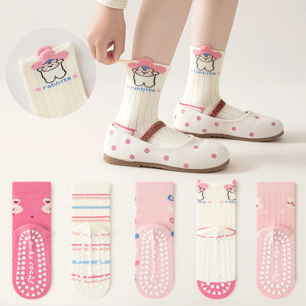 5-Pack Children's Floor Socks with 3D Bunny and Floral Patterns, Anti-Slip Dots, Soft Sole for Girls, Babies, and Toddlers, Indoor Non-Slip Striped Letter Socks, Suitable for Casual Daily Life