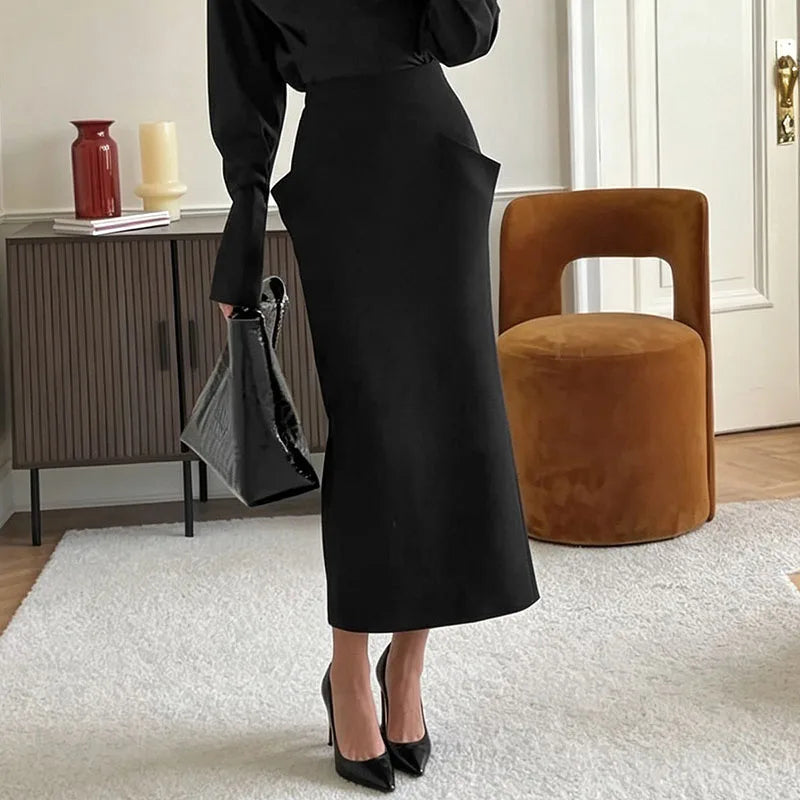 Structured Cut Pocket High Waist Midi Skirt Slim Fit Solid Color 2026 Autumn Fashion Elegant Women Bottom Trendy Chic Lady Skirt