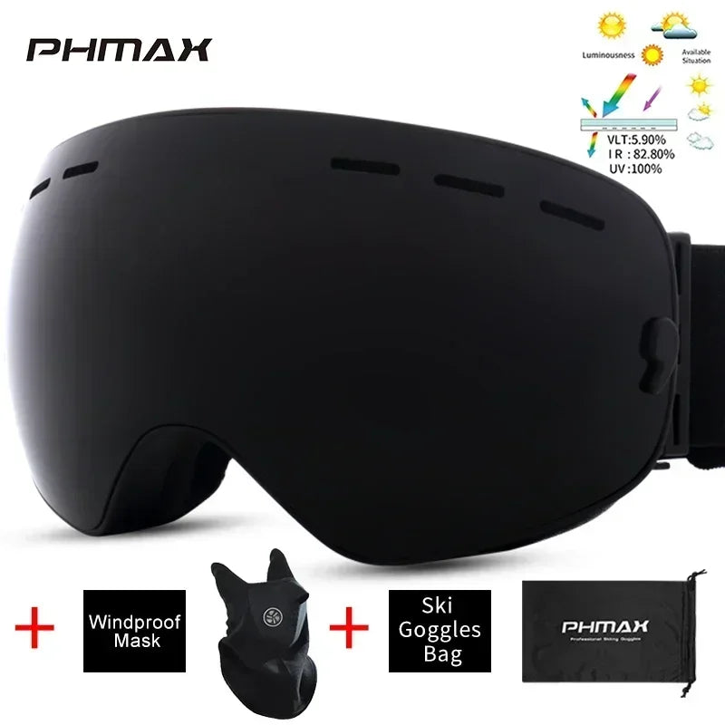 PHMAX Ski/Snowboard Goggles for Men Women, OTG Snow Goggles Anti Fog UV Protection Red Double Layers Lens Wide Vision Winter