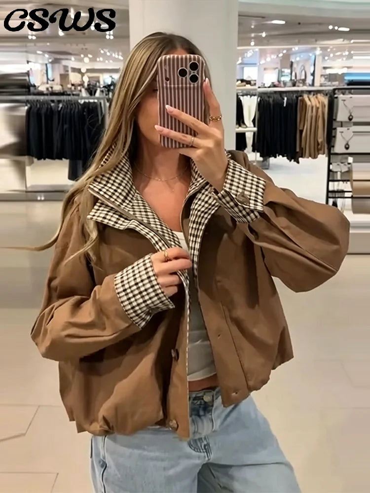 Elegant Plaid Patchwork Women's Jacket Loose Full Sleeve Stand Collar Single Breasted Outwear Female 2026 Fashion Autumn Outwear