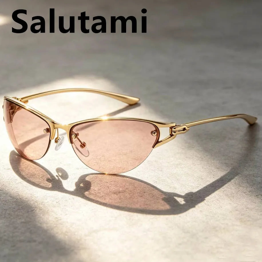 New Silver Y2K Metal Cat Eye Sunglasses Women Fashion Half Frame Clear Gradient Shades UV400 Men Trending Sun Glasses Uv400