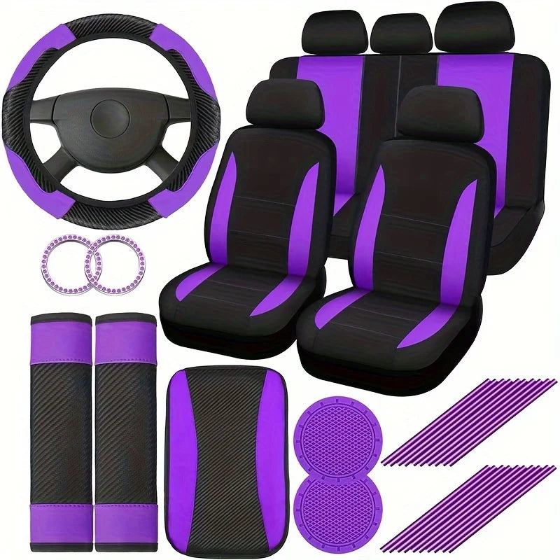 Deluxe Pink Car Seat Cover Set: Steering Wheel Cover, Cup Holder, Armrest Cushion, Seat Belt Cover, for Most Cars, SUVs And Trucks - The Perfect Choice for Stylish Ladies