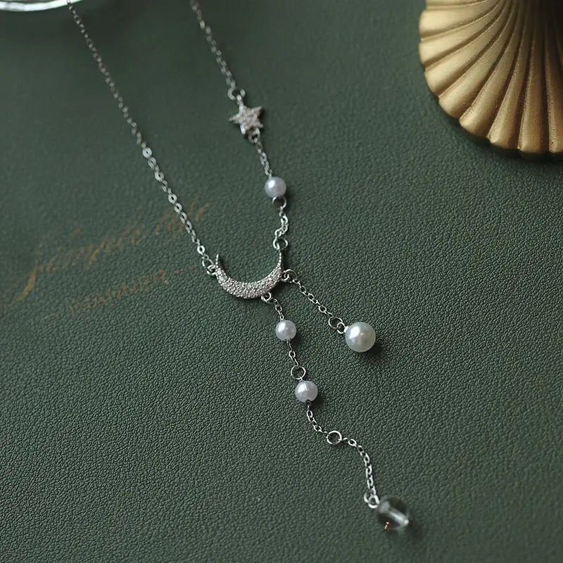 New 925 Sterling Silver Star Moon Necklace Pearl Tassel Collarbone Chain Sparkling Zircon Pendant Wedding Jewelry Accessories