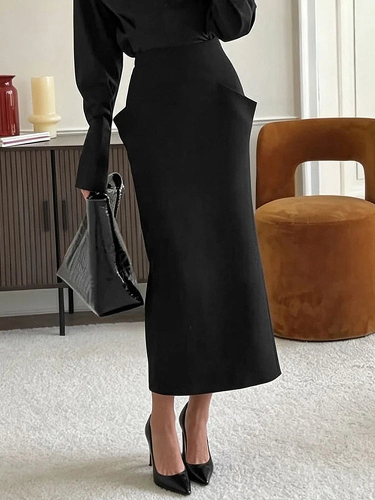 Structured Cut Pocket High Waist Midi Skirt Slim Fit Solid Color 2026 Autumn Fashion Elegant Women Bottom Trendy Chic Lady Skirt