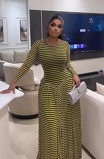 Women's Yellow Black Striped Maxi Dress Long Sleeve Crew Neck Slim Bodice Folds Skirt Stylish Casual Retro Outfit For Daily Wear