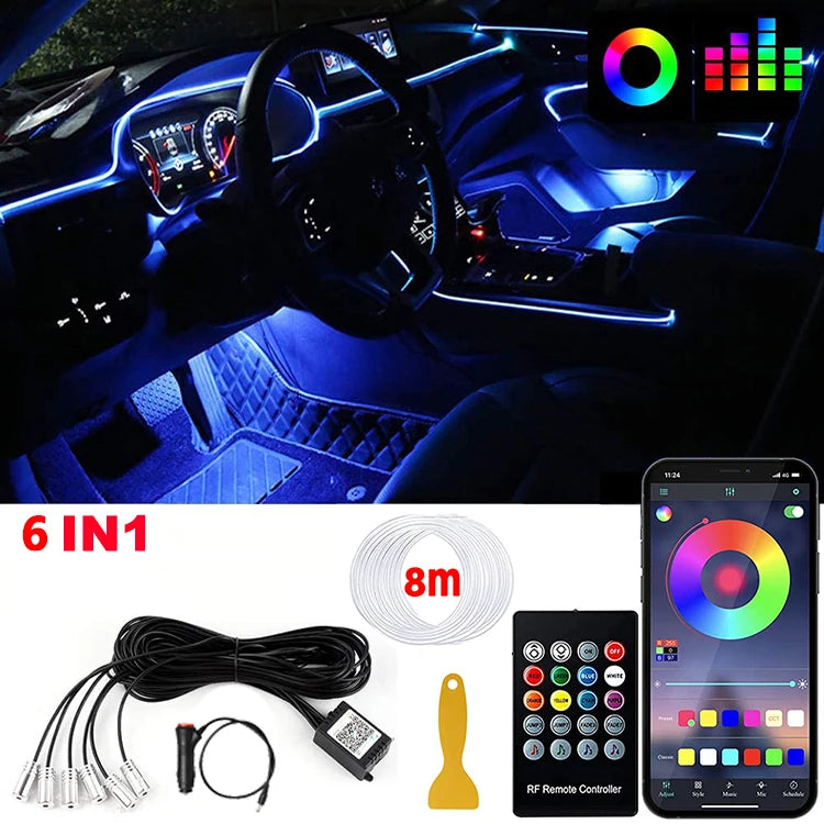LED Car Interior Ambient Strip Lights RGB Fiber Optic Atmosphere Neon Lighting Kit W/ APP Remote Control Auto Decorative Lamps