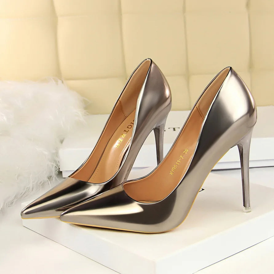 Women Mteallic Patent Bronze Leather Pumps 7.5cm 10.5cm High Heels Lady Stiletto Middle Low Heels Wedding Bridal Silver Shoes