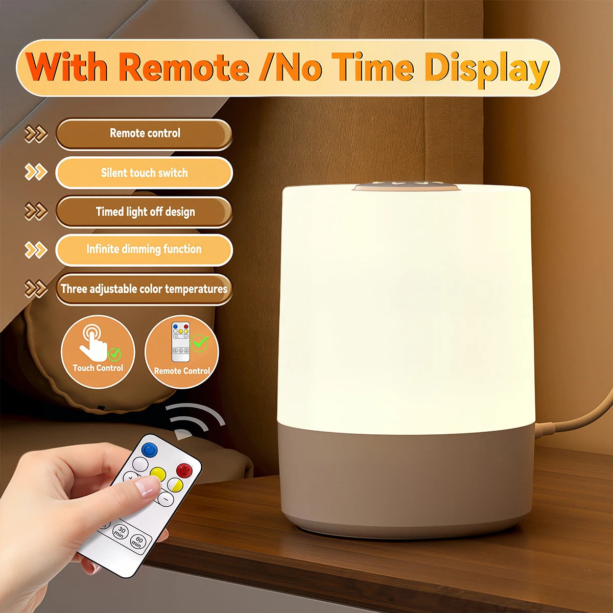 Touch Control LED Night Light with Clock Timer Remote Control USB Bedside Lamp Dimmable 3 Color Temperature Bedroom Sleep Lamp