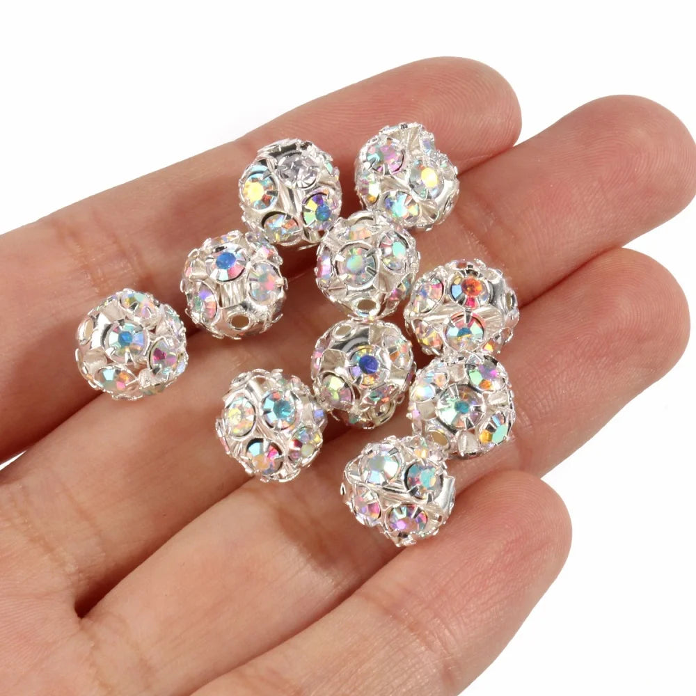 50pcs 6mm AB Color Metal Crystal Beads Rhinestone Ball Shape Loose Beads for Jewelry Making DIY Gift Bracelet Accessories