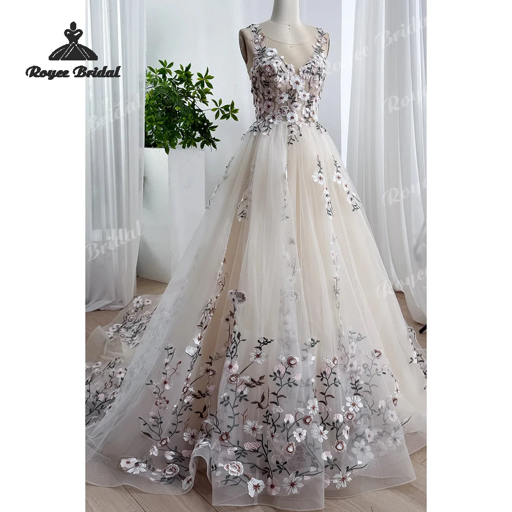 Forest Floral Chiffon A Line Wedding Dresses 2026 Off Shoulder Embroidered Beach Bridal Gown Customized Vestido De Novia