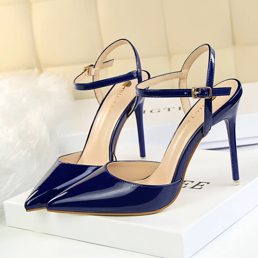 Women 10.5cm High Heels Sandals Lady Metallic Gray Patent Leather Stripper Ankle Strap Sandles Wedding Fetish Nightclub Shoes