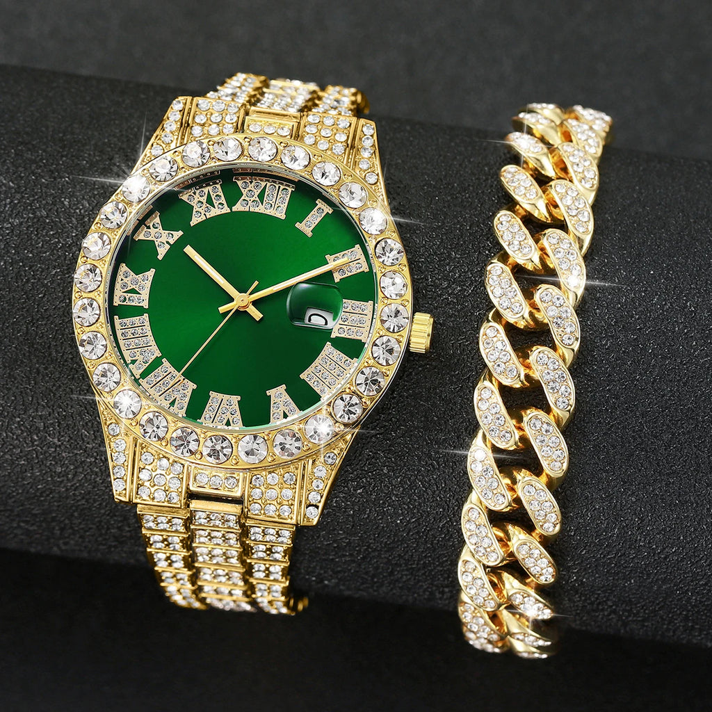 2PCS Luxury Rhinestone Men Watches Fashion Stainless Steel Band Male's Analog Quartz Watch Bracelet Set Relogios Masculino