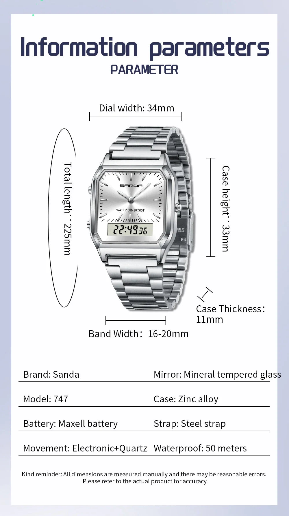 SANDA 747 Men's Quartz Digital Watch Waterproof Casual Fashion Watch Wear-resistant Stainless Steel Couple Strap Square Watch