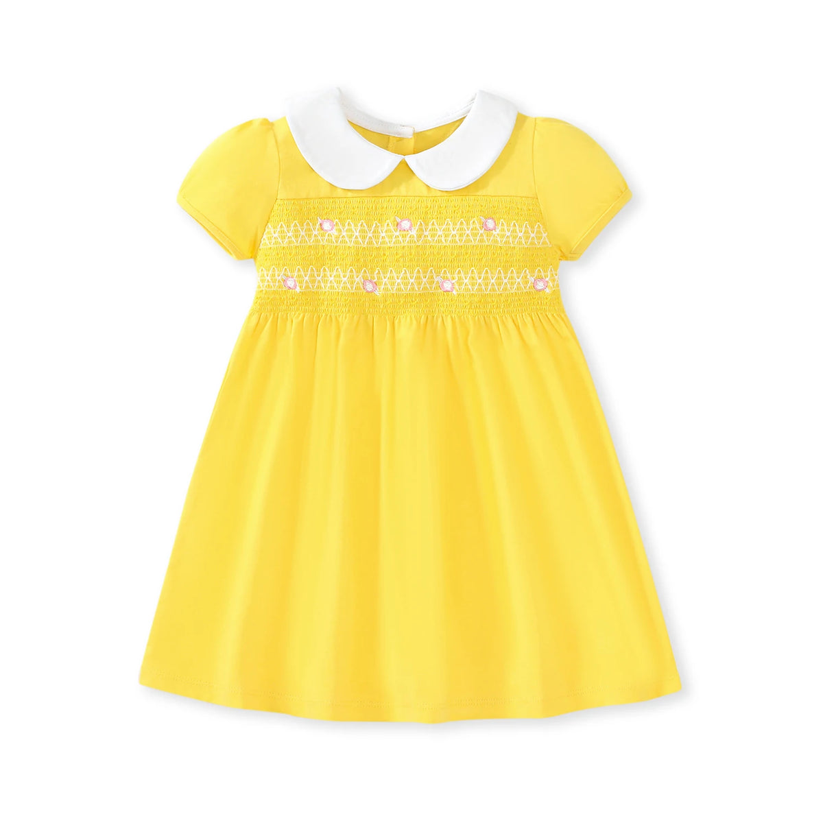 TUONXYE Summer Baby Girl Dress Cotton Button Smocked Floral Embroidery Short Sleeve Kids Princess Party Dresses
