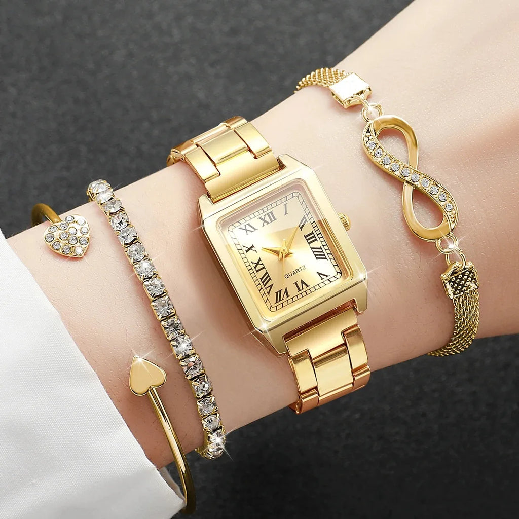 4PCS Fashion Square Roma Dial Women Quartz Watch Diamond Bracelets Set Luxury Alloy Strap Ladies Wristwatches (Without Box)