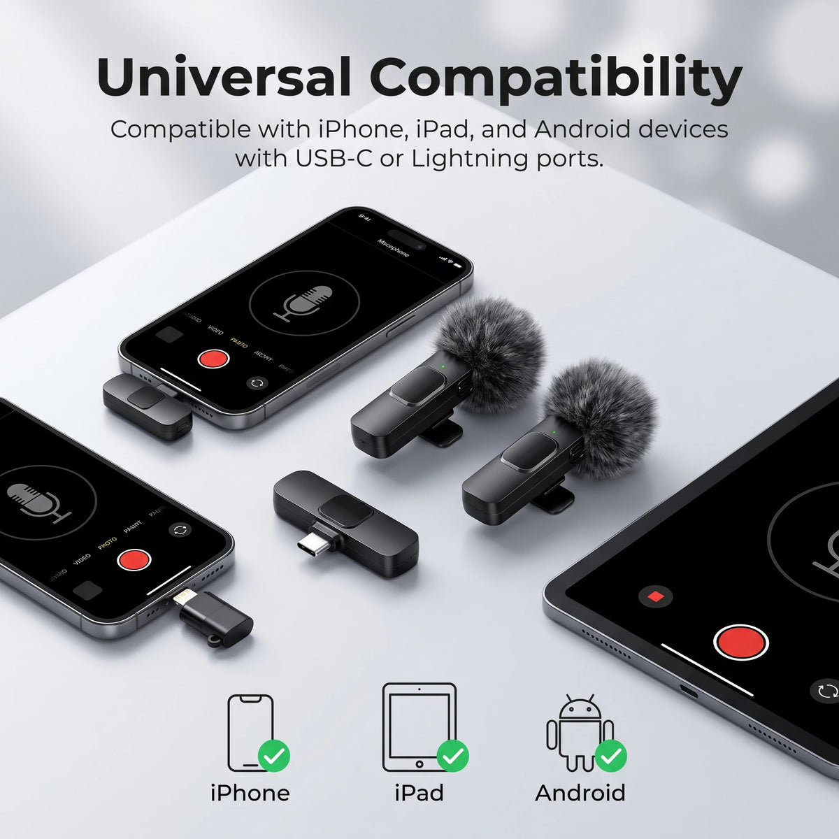 Wireless Lavalier Microphone with Furry Windscreen, Type-C&Lightning Adapter, Mini Clip Mic, Android, iPhone, Tablets, Laptops