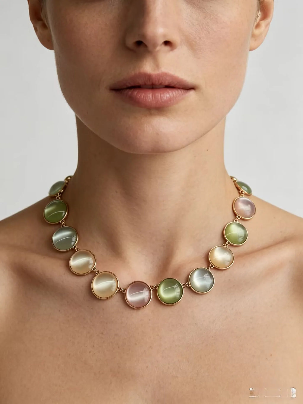 Women Choker Necklace Gold Plated Alloy Chain,Multicolor Round Resin Cat Eye Stone Statement Necklace Fashion Party Jewelry Gift