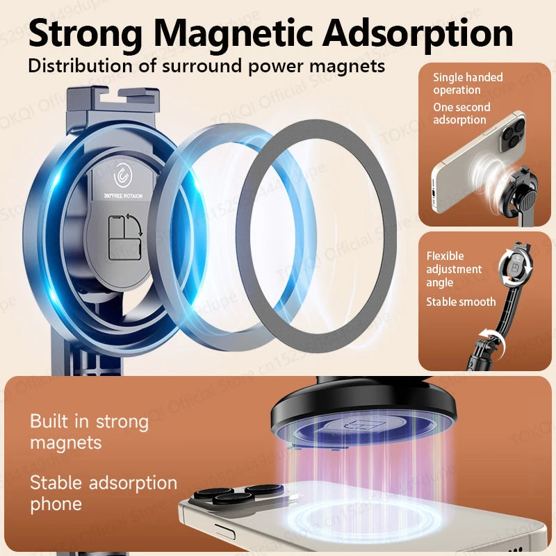 TOKQI Tripod Magnetic Phone Holder Extendable Selfie Stick for Smartphone Shooting Vlog with Wireless Bluetooth Remote Control